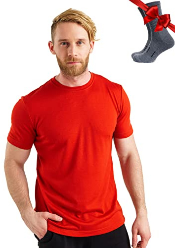 Merino.tech Merinowolle T-Shirt Herren - 100% Bio-Merinowolle Unterhemd Leichte Basisschicht + Wanderwollsocken (Red, X-Large)