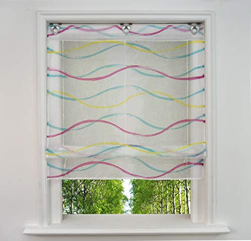 Ösenrollo mit Wellen Druck Design Raffrollo Voile Transparent Raffgardine mit U-Haken (BxH 80x130cm, Bunt Blau)