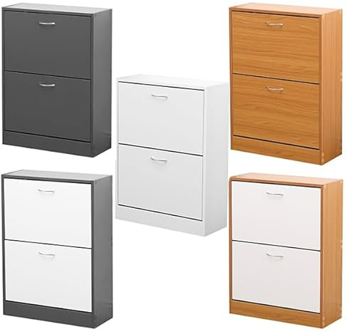 AVC Designs 2 Drawer White Grey Pine Shoe Storage Cabinet Footwear Rack Unit (Grey & White)