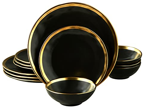 Pokini Schwarze Luxus-Teller und Schüssel-Sets, 12-teiliges Porzellan-Geschirr-Set, Service für 4, modernes Speiseteller-Set, Goldrand, Geschirr-Set für Hochzeit, Jahrestag, Geburtstag