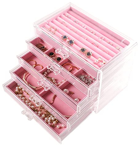 Frebeauty Acryl-Schmuck-Organizer mit 5 Schubladen und Samteinsatz | Schmuckaufbewahrung Für Ringe, Ohrringe Und Armbänder, Staubgeschützt, Samtfutter, Transparentes Design, Schmuckhalter Damen