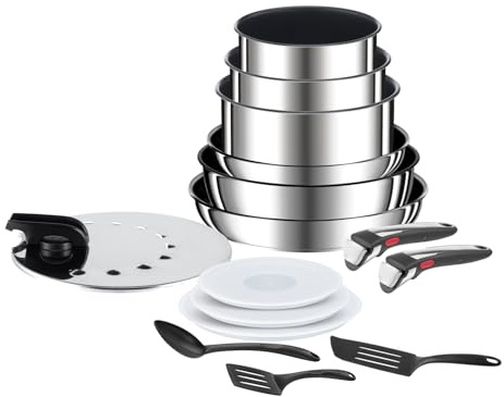 Tefal Ingenio Preference On, Kochgeschirr-Set, 15-teilig, Edelstahl, sichere Antihaftbeschichtung, stapelbar, platzsparend, Temperaturanzeige, Induktion, L9749802 | Topf- und Pfannenset mit patentiertem abnehmbarem Griff, platzsparend, Titanium 6X Beschichtung, induktionsgeeignet