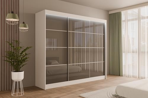 ALTDECOR Kleiderschrank mit Lacobel-Schiebetüren, kugelgelagerte Führungsschienen und Aluminium- Leisten, LED-Beleuchtung (weiß + 16 Farben) und Fernbedienung - PEKA3-250 cm Weiß/Grau