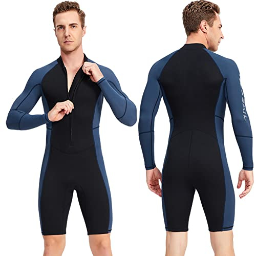 DASJD Neoprenanzug Herren Kurz, 1.5mm Neopren Badeanzug mit Frontverschluss, Thermo Volle ärmellänge Nassanzüge für Spearfishing, Schnorcheln, Surfen, Kanufahren,Blau,XL
