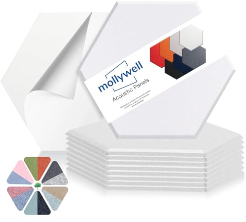 Panneaux acoustiques hexagonaux, haute densité, insonorisation, carreaux muraux décoratifs en feutre pour plafond, bureau à domicile, salle de jeux (blanc), 35,6 x 30,5 x 1 cm, blanc Mollywell