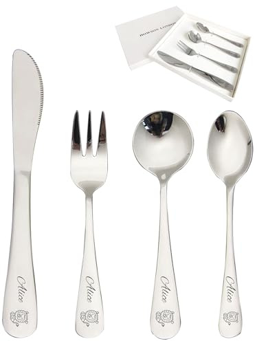Personalised Cutlery Set for Children Christening Gift for Boy Girls Knife Fork Spoon 4pcs Stainless Steel for Kids Toddler Cutlery Set Gifts in Gift Box Engraved Monkey Lion Giraffe Image 02