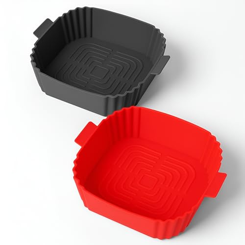 VAZCAN® Molde Silicona Freidora de Aire Redondo – Accesorio Reutilizable para Air Fryer Compatible con Cecotec, Cosori, Philips – 20 cm – Apto Microondas, Horno y Lavavajillas (Rojo y Gris)