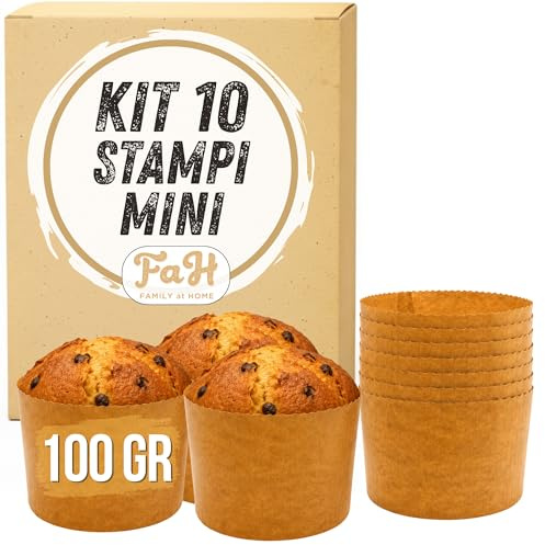 FAH - Stampo Mini Panettone Alto (100g, 10pz) | Pirottini Panettone Professionale di Carta Naturale di Pura Cellulosa ad Alta Densità, Forme di Cottura per Panettoni