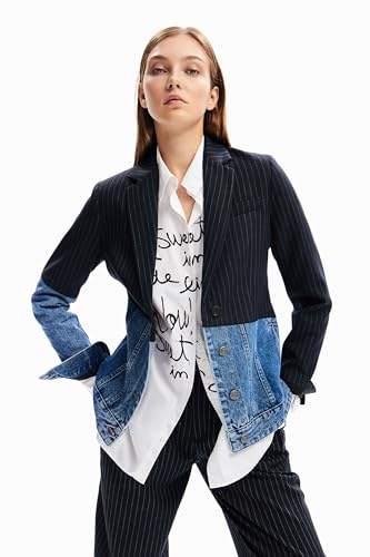 Desigual Chicago 23WWEWB5 - Giacca in Denim Ibrido gessato, Blu, 70