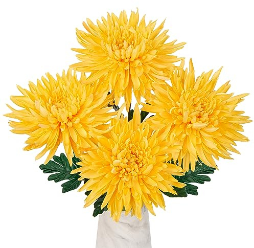 Oairse 4er-Set Kunstblumen Chrysanthemen Dekoration Künstliche Große Spinnenmütter-Blumen für die Heimdekoration, Hochzeit, Haus Garten Party Büro Dekoration Blumenarrangement, Gelb | 4 x gelbe künstliche Blumen, Kunstspinnenmütter, Blumen für Herbstdekorationen, Flora-Arrangement, Brautstrauß