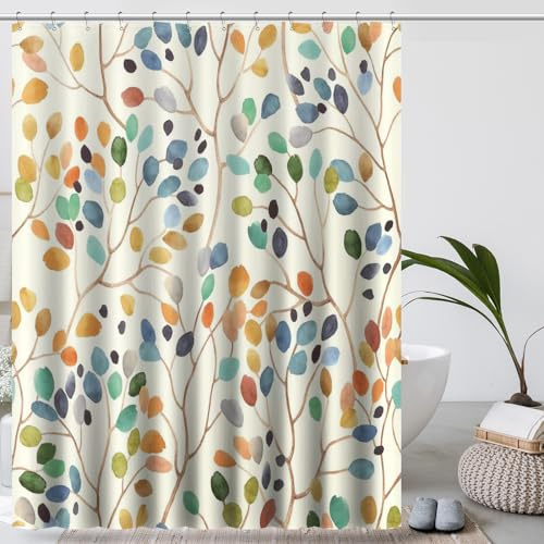 Amaredom Tenda da Doccia Floreale per il Bagno, Decorazione Bagno con Foglie Colorate, Set di Tende da Doccia con Ganci per Tenda - 180x200 cm