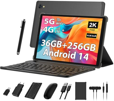 PIXPEAK Tablette 10.6 Pouces Android 14, 36GB RAM, 256GB ROM (TF 1TB), Tablet avec 4G SIM LTE & 5G WiFi Octa-Core, 2000 * 1200, 8000mAh, 13MP+8MP, GPS, Tablette avec Clavier|Souris|Etui|Casque (Noir)
