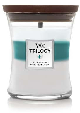 WoodWick Icy Woodland Trilogy Medium Jar (1 pezzo) – Candela – Magnolia Birch, Juniper & Spruce, lavanda Cedar, profumo per la casa, logo, elegante e moderno, blu