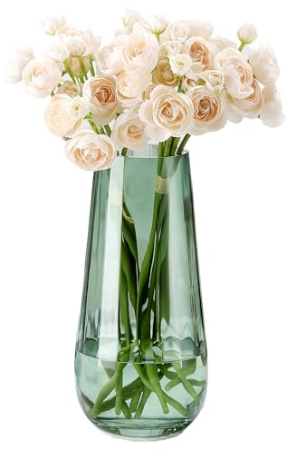 JAKY-Global Glas Vase Modern Groß, Konische Gerippte Blumenvase 25,0cm Hoch Glasvase Heimdekoration Tischdeko für Büro Wohnzimmer Hochzeiten Party Events(Grün)