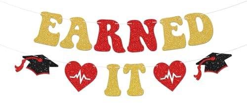ShuanQ Earned It Banner - Congrats RN/BSN Grad Bunting Decor - 2024 Nurse Graduation Party Decoration Supplies - Nursing School Survivor Grad Sign Hanging Decorations, Gold, Red