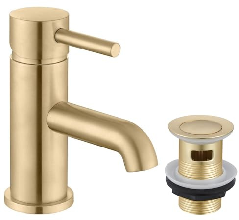 KINGBATH™ Mono Basin Mixer Tap with Click Clack Sprung Waste Bathroom Sink Hot and Cold Faucet Solid Brass Modern Brushed Brass Easy to Fit/Install