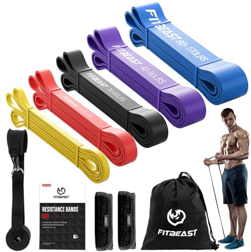 FitBeast Resistance Bands Set, 5 Levels Pull Up Bands for Bodyweight Training, Powerlifting, Muscle Building, Home Gym Workout, Stretching, Stretch Bands with Door Anchor (Bright Spectrum 5-170 LBS)