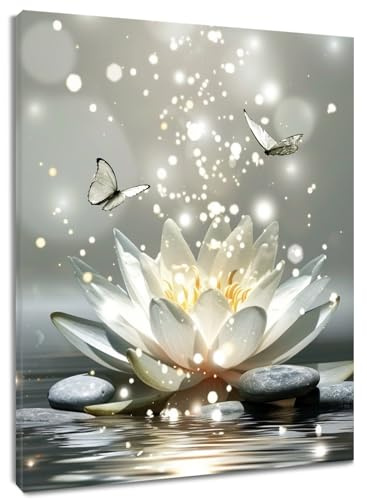 LB Wandbilder Graues Zen Spa Poster Weiße Seerosenblüte mit Schmetterling Wanddruck Yoga Entspannen Leinwand Bilder für Wohnzimmer Schlafzimmer Badezimmer Wand Deko,40x60cm Ungerahmt
