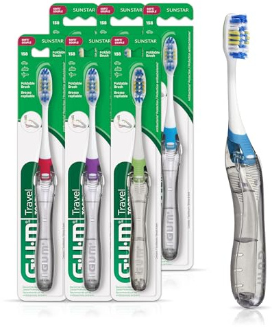 GUM Folding Travel Toothbrush - Compact Head + Tongue Cleaner - Soft Bristled Travel Toothbrushes for Adults 1ct (Pack of 6)