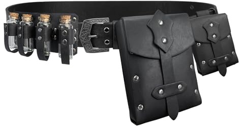 EpicCos 4 PCs Mittelalter Alchemie Gürtel Taillenbeutel Set mit Mehreren Trank Flaschen, Wikinger Niet Gürtel Seitentasche für Cosplay(Schwarz B)