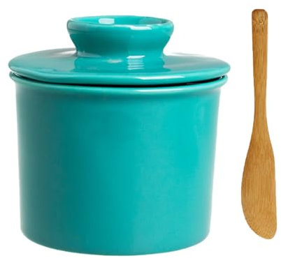 Pasdrucn 11.5x11.5x10.5cm Beurrier à Eau Avec Un Couteau à Beurre En Bambou, Pot A Beurre Français, Beurrier Porcelaine, Beurre Pot En Porcelaine, Boite Beurre, Mesa Beurrier Ceramique (Bleu)