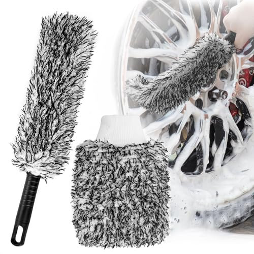 AdrreyuFny Brosse Jante Voiture Flexible et Gant Lavage Voiture, Kit Nettoyage Voiture pour Un Nettoyage Complet des Jantes de Voiture sans Créer de Rayur - Noir