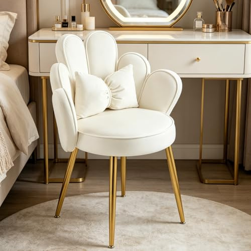 LEADZM Fauteuil Chaise Coiffeuse Relax de Salon, de Chambre, Blanc | Dossier pétale Fauteuil de Cuisine et Salle à Manger avec Pieds en Or