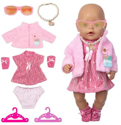 HTTDSLF Vestiti per Bambole Doll Bambole, 8 Pezzi Abiti per Bambolotti 35-45cm, Vestito, Cappotto, Calzini, Occhiali, Collana, Biancheria Intima, 2 Gruccia (NON INCLUDE BAMBOLA)