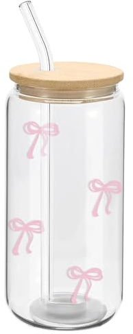 Leseogye Bow Glass Cup Set, Pink Bow Glass Cup with Lid and Straw, 16 Oz Cute Tumbler with Glass Straw and Wood Lid, Aesthetic Gifts for Women Girls Friends