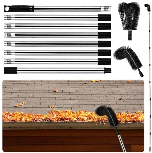 10.5FT Gutter Cleaning Tools from the Ground, Adjustable Long Handle Gutter Cleaner Include 8 Stainless Steel Telescoping Poles & 2 Gutter Cleaning Brush Easily Remove Leaves and Debris from Gutters