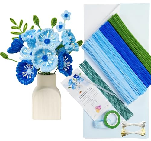 YYUENGTAK Corn Poppy - Juego de 200 limpiadores de pipas para manualidades, 3 colores azules diferentes, limpiador de pipas para manualidades, con instrucciones, estambre, alambre de flores, papel de