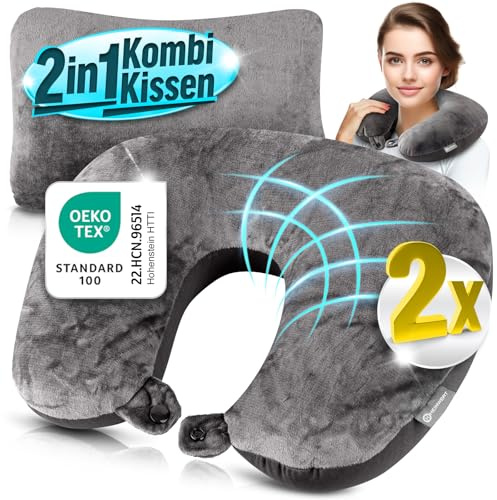 Heimwert Reisekissen - 2in1 Nackenkissen Stützkissen,Nackenhörnchen, 37x27 cm - Travel Pillow für Flugzeug, Camping, Reise - Ergonomisches Kopfkissen mit Microperlen (Grau 2er Set)
