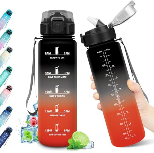 KollyKolla Gourde 1L, Gourde Motivation avec Marqueur de Temps, Bouteille d'eau Étanche, Gourde Sport avec Paille, Bouteille Sport sans BPA, Réutilisable pour Yoga, l'école, Camping, Bureau, Fitness