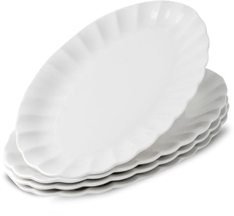 UIBFCWN Set di 4 Ovali Piatti Piani, 25,5 cm Piatto Piano in Porcellana, Piatto da Portata Ovali Bianchi per Insalata, Pasta, Pizza, Panino, Dessert, Adatto per Microonde e Lavastoviglie