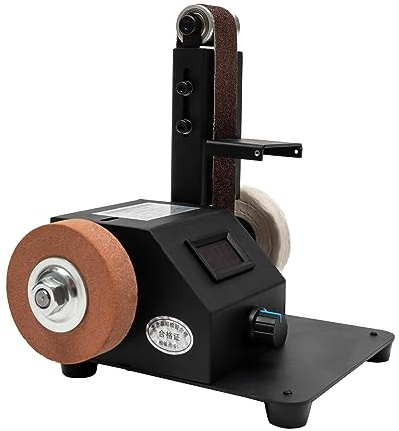 PIAOCAIYIN Mini lijadora eléctrica de banda de 350 W, velocidad ajustable, lijadora de banda afiladora con 10 correas abrasivas para metal, madera, manualidades, herramientas