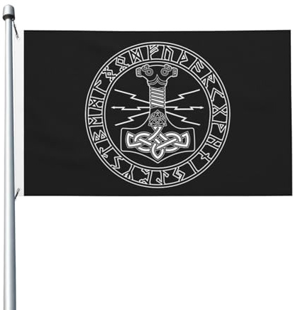 Bandiera Simbolo Della Mitologia Nordica Vichinga Mjolnir, Martello Di Thor, Norreno E Germanico Personalizzata Bannière Colore Vivido Bandiere Pirata Per Home Interno Esterno 3X5Ft