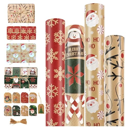 Audasi 4 Pezzo 43 * 300CM Papel Regalo Navidad, Reciclable Papel de Regalo Kraft Navidad con Etiquetas Rollo De Papels De Regalos Navideño para Familia Amigos Decoración Navideños Wrapping