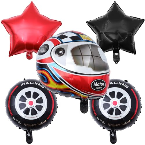 minkissy Race Car Helmet and Tire Foil Balloon Set, 5pcs Birthday Party Balloons Decoration for, Motorcycle Theme Party Supplies with Racing Car Photo Props