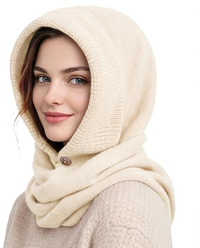 TAGVO Femmes Bonnets Écharpes Tricotés d'hiver, Femmes Cagoule Tricotée Cagoule à Capuche Snood Coupe-Vent Thermique Elastique, 2 en 1 Knit Beanie Balaclava Skull Cap pour Ski Cyclisme Randonnée