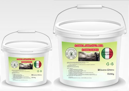 Sabbia Abrasiva di QUARZO/VETRO per Sabbiatura a Pressione - Abrasiva Riutilizzabile - Sabbia per Sabbiatrice - Granulometria 300-800 Micron – Secchio da 8 o 25 Kg (8 Kg VETRO)