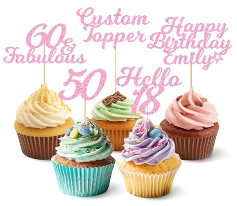EDSG Personalised Cupcake Toppers, 6pcs Birthday Cupcake Toppers with Any Text, Custom Glitter Cake Decorations Party Supplies for Birthday, Wedding, Baby Shower, Anniversary (Light Pink)