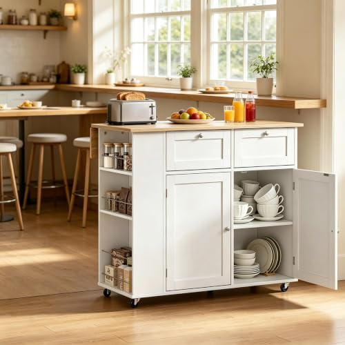 Isola da cucina con piano di lavoro pieghevole, ruote e vano portaoggetti, 101 cm | 2 cassetti, armadio a 4 scomparti, scaffale laterale a 3 livelli, portasciugamani, truciolato E1, rovere chiaro/bianco, 75 kg
