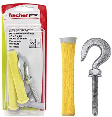 Fischer 190225 FIS H Tasselli a Calza Nylon 16 x 85 + 2 Ganci M8 x 60, Include 2 Dadi,Ideale per Tutte Le murature, per Ancorante Chimico,508303, 16 x 85 mm