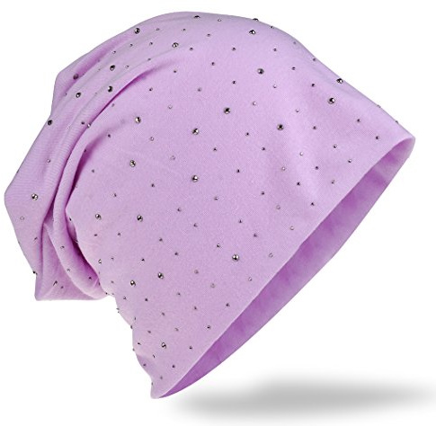 Miobo slokande beanie/lång mössa av jerseytyg med eleganta strassstjärnor/nitapplikationer, unisex, enfärgad trendig mössa för män och kvinnor, lila, En Storlek