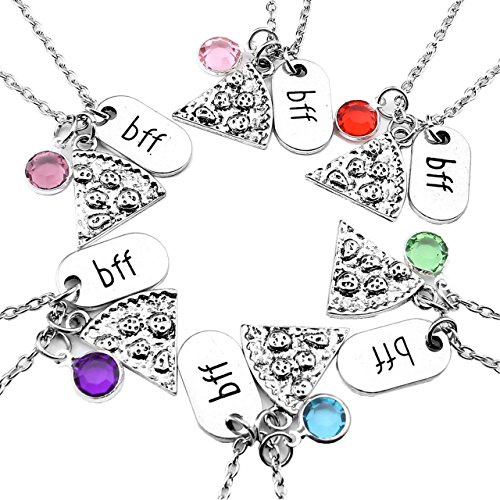 Jovivi Schmuck, Silber Farbe Pizza Slice Anhänger Freundschaftsketten mit BBF Gravur Tag Strass Kristall Partner Halskette(Set)