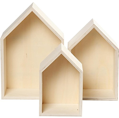 Wooden House Shaped Shelves, H: 20,3+25,3+31 cm, Plywood, 3 Assorted Sizes, Set of 3