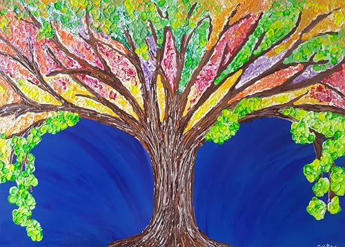DORON ARTE QUADRO MODERNO ASTRATTO DIPINTO A MANO TELAIO GALLERY BORDI DIPINTI - ALBERO DELLA VITA - ALBERO IN FIORE - 50x70x4 cm -RIF85