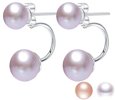 Kim Johanson Damen Doppel Perlenohrringe *Miyu* aus 925 Sterling Silber mit echten Süßwasser Perlen in Weiß, Rosa oder Lila Ohrstecker Perle inkl. Schmuckbeutel (Lila)