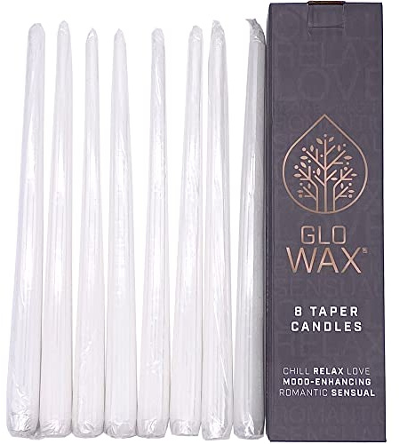 Glo Wax Taper Candles Beautiful Pack Decorative Mood-Enhancing Romantic Relax Unscented Dinner Candles 8 Hour Burn Time, 2.2 x 30cm (8 Pack, White)