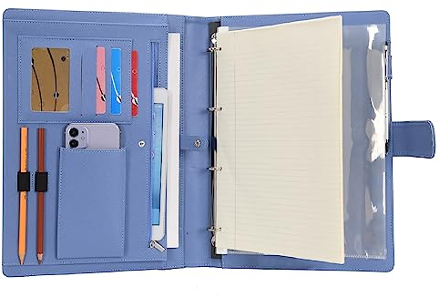 Wonderpool A4 PU Leder Ringhalter Schreibmappen Multi Dokumententasche mit Herausnehmbarem Binder Klemmbretter und funktioneller Tasche für Organizer Büro Reise Schule (Blau)